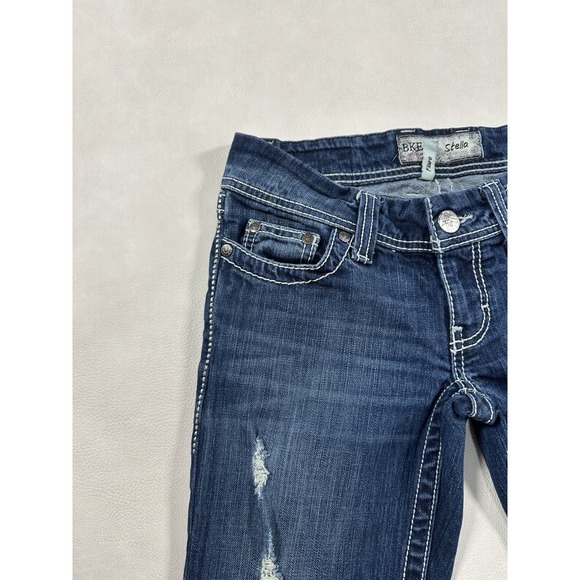 BKE Stella Flare Jeans Blue Distressed Low Rise Contrast Stitch Womens 26 Long - Picture 4 of 11